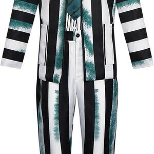 Men's Black and White Striped Suit Cosplay Halloween Costume Sz XL